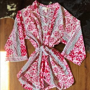 Oscar De La Renta Pink Label Vibrant Pink and Slate Gray Patterned Robe